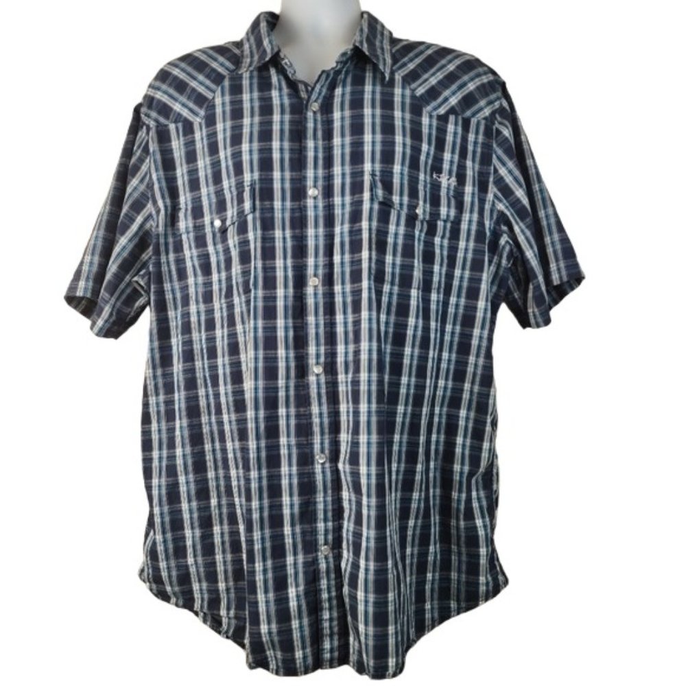 Kirra Button Front Shirt Casual S/S Pearl Snaps Surf Beach Vacation Blue Plaid